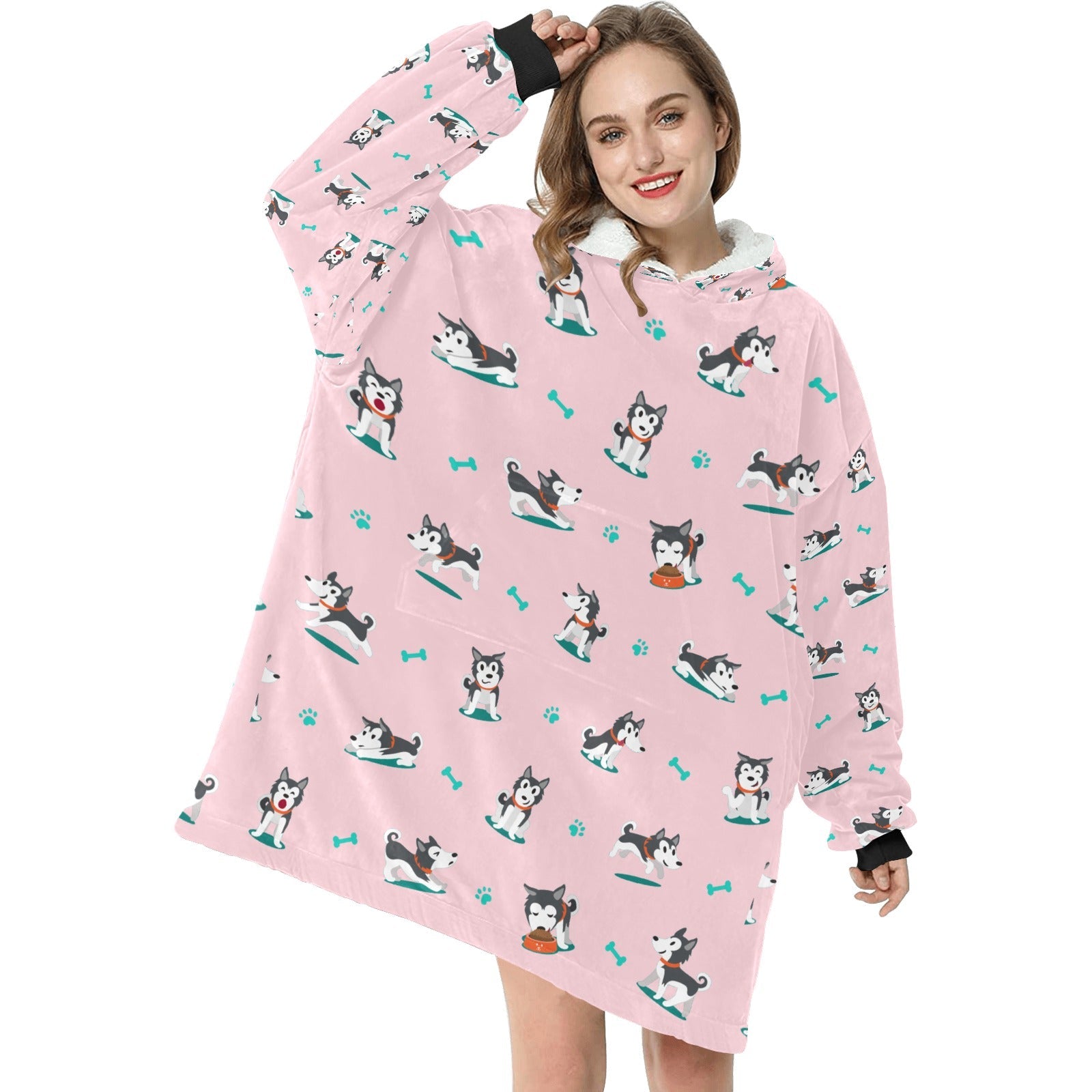 Playful Black And White Huskies Blanket Hoodie For Women 6