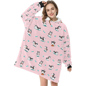 Playful Black and White Huskies Blanket Hoodie for Women-Blanket-Apparel, Blanket Hoodie, Blankets, Siberian Husky-6