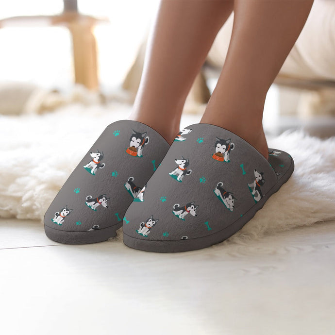 Playful Black and White Huskies Women's Cotton Mop Slippers-Footwear-Accessories, Dog Mom Gifts, Siberian Husky, Slippers-13