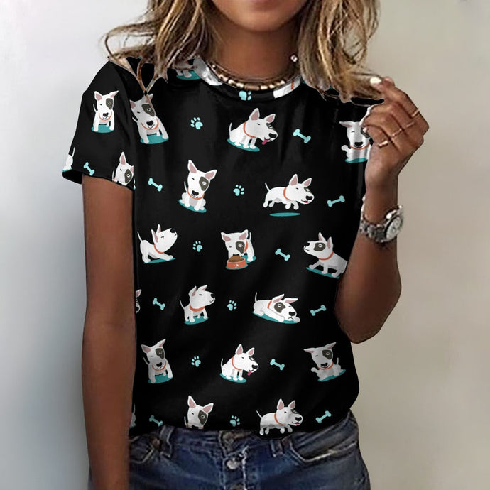 Playful Bull Terrier Love All Over Print Women's Cotton T-Shirt - 4 Colors-Apparel-Apparel, Bull Terrier, Shirt, T Shirt-2XS-Black-14