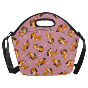Playful Chocolate and Tan Dachshunds Neoprene Lunch Bag-Dusty Pink-ONESIZE-5