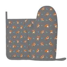Load image into Gallery viewer, Playful Corgi Adventures &amp; Treats Oven Mitts and Pot Holder Set-Kitchen Decor-Accessories,Corgi,Dog Mom Gifts-8