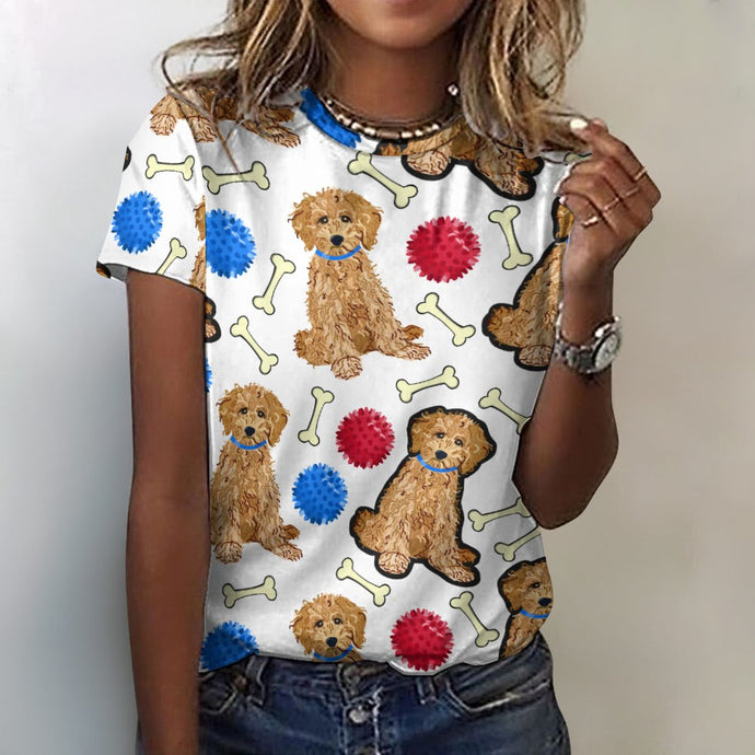 Playful Goldendoodle Love All Over Print Women's Cotton T-Shirt - 4 Colors-Apparel-Apparel, Doodle, Goldendoodle, Shirt, T Shirt-2XS-White-1