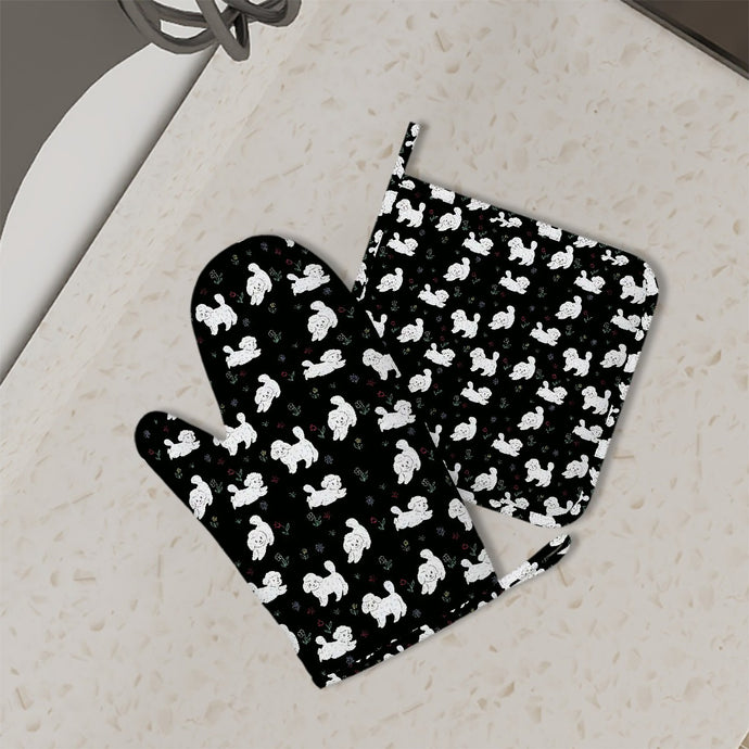 Playful Maltese in a Garden Stroll Oven Mitts and Pot Holder Set-Kitchen Decor-Accessories,Dog Mom Gifts,Maltese-1