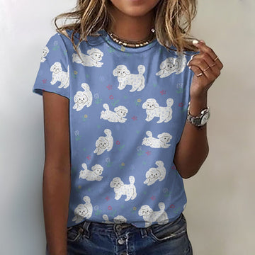 Playful Poodles In A Garden Stroll Womens Cotton T Shirt 360x