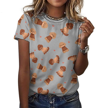 Playful Poodles in Christmas Women's Cotton T-Shirt-Apparel-Parisian Gray-2XS-36