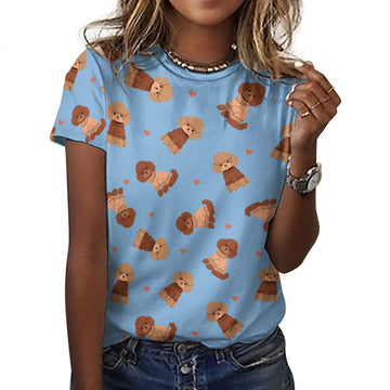 Playful Poodles in Christmas Women's Cotton T-Shirt-Apparel-Sky Blue-2XS-14