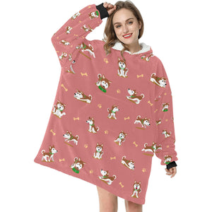 Playful Red Huskies Blanket Hoodie for Women-Blanket-Apparel, Blanket Hoodie, Blankets, Siberian Husky-8