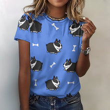 Load image into Gallery viewer, Plumpy Boston Terrier Love All Over Print Women&#39;s Cotton T-Shirt - 4 Colors-Apparel-Apparel, Boston Terrier, Shirt, T Shirt-Blue-2XS-17