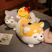 Image of a girl sleeping on the bed with her Giant Size Huggable Husky Stuffed Animal Plush Toy Pillows