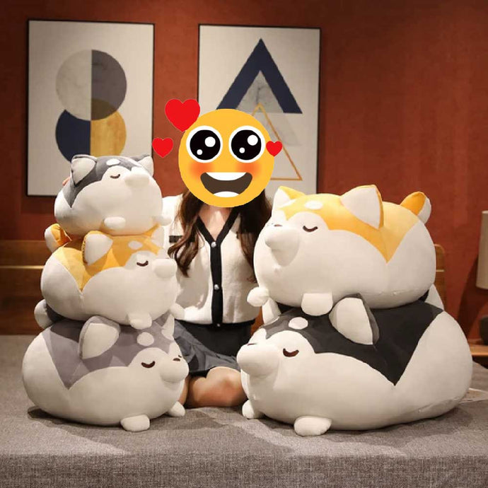 A girl with her collection of Husky Stuffed Animal Huggable Plush Toy Pillows in Small to Giant Size