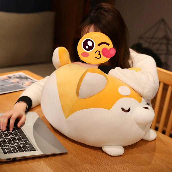 Image of a girl using a Shiba Inu stuffed animal toy pillow as a neck rest