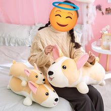 Load image into Gallery viewer, Image of a girl playing  with three Corgi Plush toy pillows in three sizes