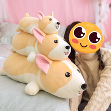 Load image into Gallery viewer, Image of a girl with three Corgi Plush toy pillows in three sizes