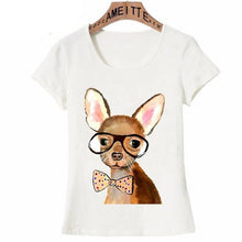Load image into Gallery viewer, Image of a Chihuahua t-shirt, featuring a fawn and white Chihuahua wearing big nerdy glasses, and a polka-dotted peach bowtie
