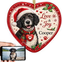 Load image into Gallery viewer, Portuguese Water Dog Christmas Ornament - Love &amp; Joy Heart Shaped Portrait - Personalize with Photo and Name-Christmas Ornament-Christmas,Christmas Ornament,Personalize Artwork,Portuguese Water Dog-1