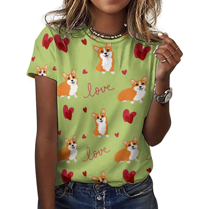 Precious Corgi Love All Over Print Women's Cotton T-Shirt - 4 Colors-Apparel-Apparel, Corgi, Shirt, T Shirt-13