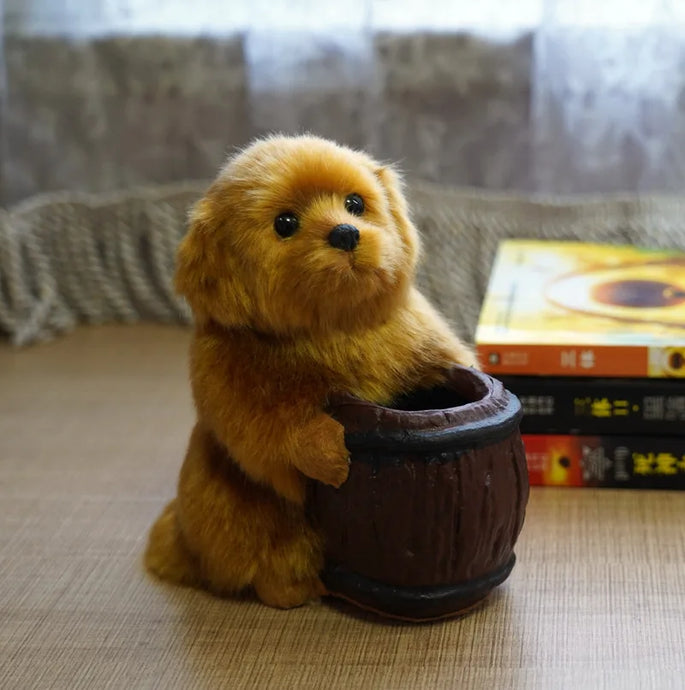 Precious Furry Golden Retriever Love Resin and Faux Fur Pencil Holder-B-1