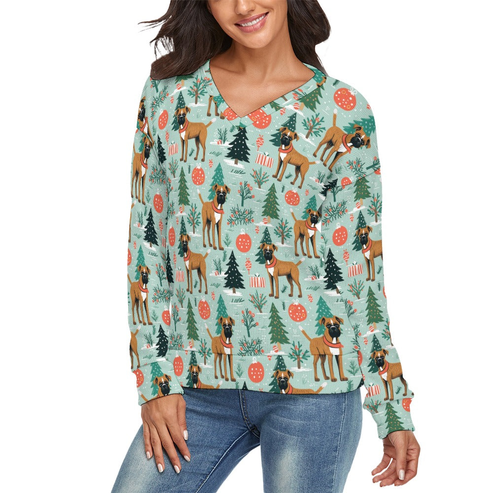 Presents And Paws Boxer Womens V Neck Christmas Sweater 2