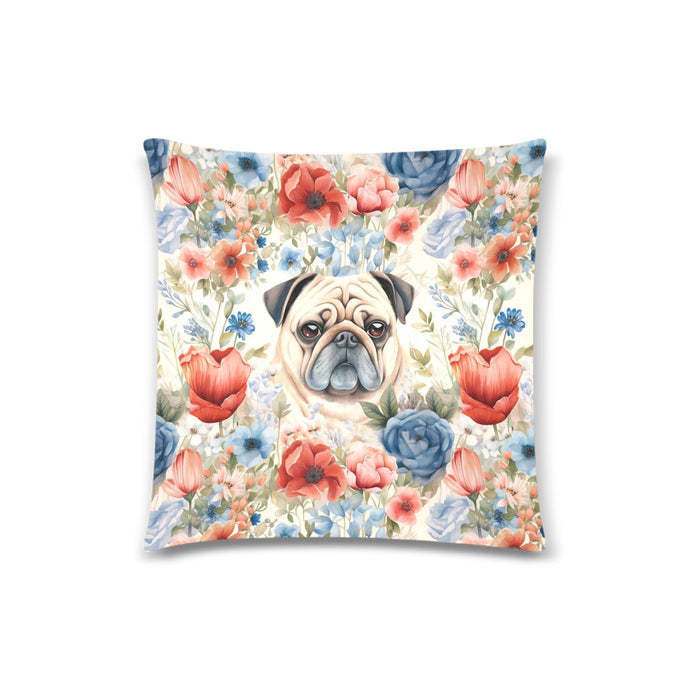 Pug Amidst Floral Watercolor Elegance Throw Pillow Cover-Cushion Cover-Home Decor, Pillows, Pug-White2-ONESIZE-1