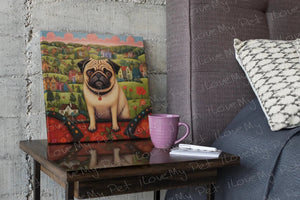 Pug at the Precipice Framed Wall Art Poster-Art-Dog Art, Home Decor, Pug-Framed Light Canvas-Small - 8x8"-1