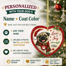 Load image into Gallery viewer, Pug Christmas Ornament - Love &amp; Joy Heart Shaped Portrait - Personalized with Name-Christmas Ornament-Christmas,Personalize Artwork,Pug-2
