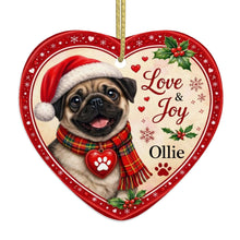 Load image into Gallery viewer, Pug Christmas Ornament - Love &amp; Joy Heart Shaped Portrait - Personalized with Name-Christmas Ornament-Christmas,Personalize Artwork,Pug-4