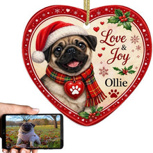 Load image into Gallery viewer, Pug Christmas Ornament - Love &amp; Joy Heart Shaped Portrait - Personalized with Name-Christmas Ornament-Christmas,Personalize Artwork,Pug-1