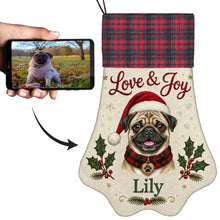 Load image into Gallery viewer, Pug Christmas Stocking - Holly &amp; Tartan Portrait - Personalize with Photo and Name-Christmas Ornament-Christmas,Christmas Stocking,Personalize Artwork-1