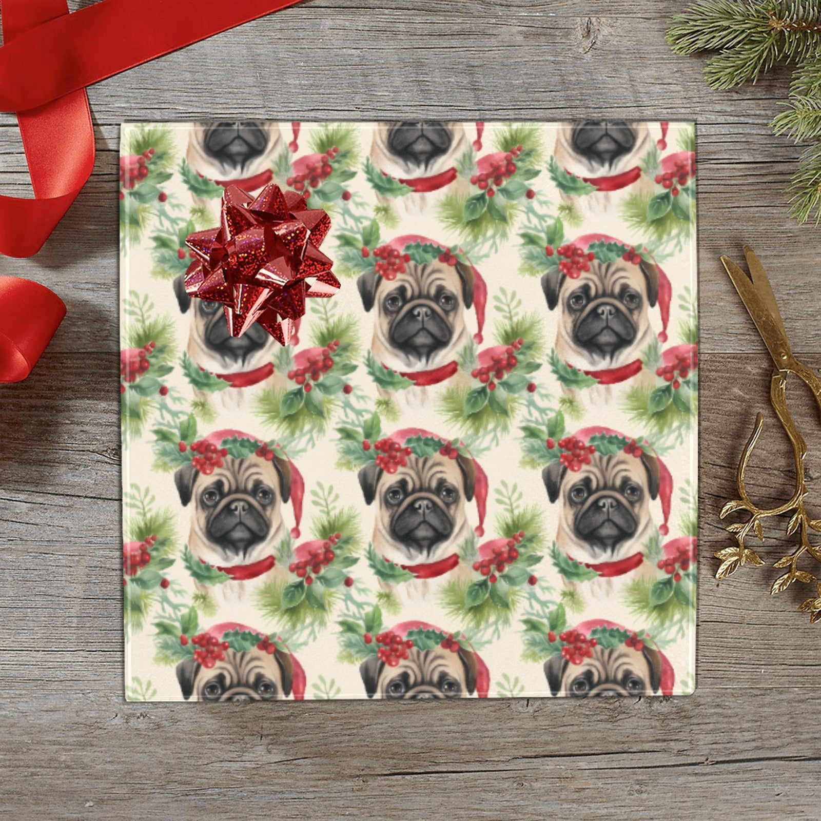 Pug In Holiday Wreath Elegance Christmas Gift Wrapping Paper 2 Rolls