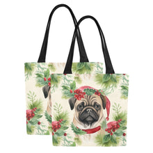 Load image into Gallery viewer, Pug in Holiday Wreath Elegance Large Canvas Tote Bags - Set of 2-Accessories-Accessories, Bags, Christmas, Pug-9