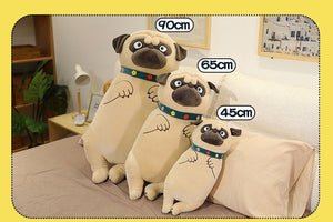 Image of three Pug plush pillows stuffed animals  standing next to each other on the bed in different sizes