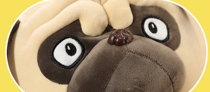 Close face image of a realistic Pug stuffed animal plush toy pillow