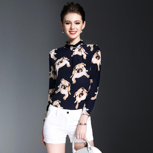 Image of a lady wearing pug shirt made of 100% silk in the color blue