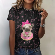 Load image into Gallery viewer, Pug of Tea All Over Print Women&#39;s Cotton T-Shirt - 4 Colors-Apparel-Apparel, Shirt, T Shirt-2XS-Black-14