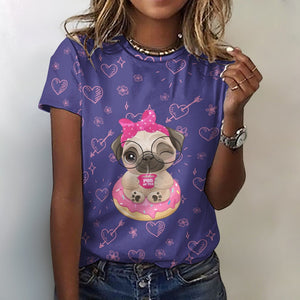 Pug of Tea All Over Print Women's Cotton T-Shirt - 4 Colors-Apparel-Apparel, Shirt, T Shirt-2XS-DarkSlateBlue_1-6