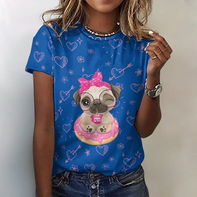 Pug of Tea All Over Print Women's Cotton T-Shirt - 4 Colors-Apparel-Apparel, Shirt, T Shirt-2XS-DarkSlateBlue-1