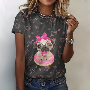 Pug of Tea All Over Print Women's Cotton T-Shirt - 4 Colors-Apparel-Apparel, Shirt, T Shirt-2XS-DarkSlateGray-8