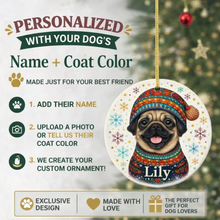 Load image into Gallery viewer, Pug Ornament - Christmas Folk Art Design - Personalize with Photo and Name