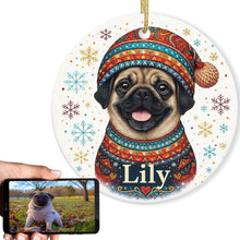 Load image into Gallery viewer, Pug Ornament - Christmas Folk Art Design - Personalize with Photo and Name