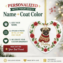 Load image into Gallery viewer, Pug Ornament - Personalized Heart Shaped Christmas Rose Border - with Name-Christmas Ornament-Christmas,Personalize Artwork,Pug-2