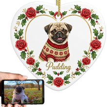 Load image into Gallery viewer, Pug Ornament - Personalized Heart Shaped Christmas Rose Border - with Name-Christmas Ornament-Christmas,Personalize Artwork,Pug-1