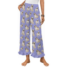 Load image into Gallery viewer, Pug Pajama Pants for Women - Ruffle Hem Design - Watercolor Symphony Fawn Pugs-Pajamas-Apparel,Dog Mom Gifts,Pajamas,Pug-Lavender-S-14