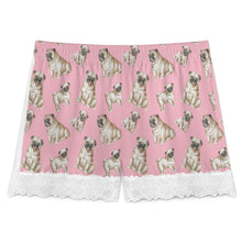 Load image into Gallery viewer, Pug Shorts for Women - Lace Trim Design - Watercolor Symphony Fawn Pugs-Pajamas-Apparel,Dog Mom Gifts,Pajamas,Pug-11