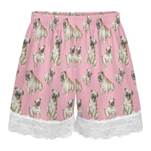 Load image into Gallery viewer, Pug Shorts for Women - Lace Trim Design - Watercolor Symphony Fawn Pugs-Pajamas-Apparel,Dog Mom Gifts,Pajamas,Pug-12