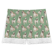 Load image into Gallery viewer, Pug Shorts for Women - Lace Trim Design - Watercolor Symphony Fawn Pugs-Pajamas-Apparel,Dog Mom Gifts,Pajamas,Pug-16