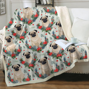 Pug Winter Floral Festivity Christmas Blanket-Blanket-Blankets, Christmas, Home Decor, Pug-2