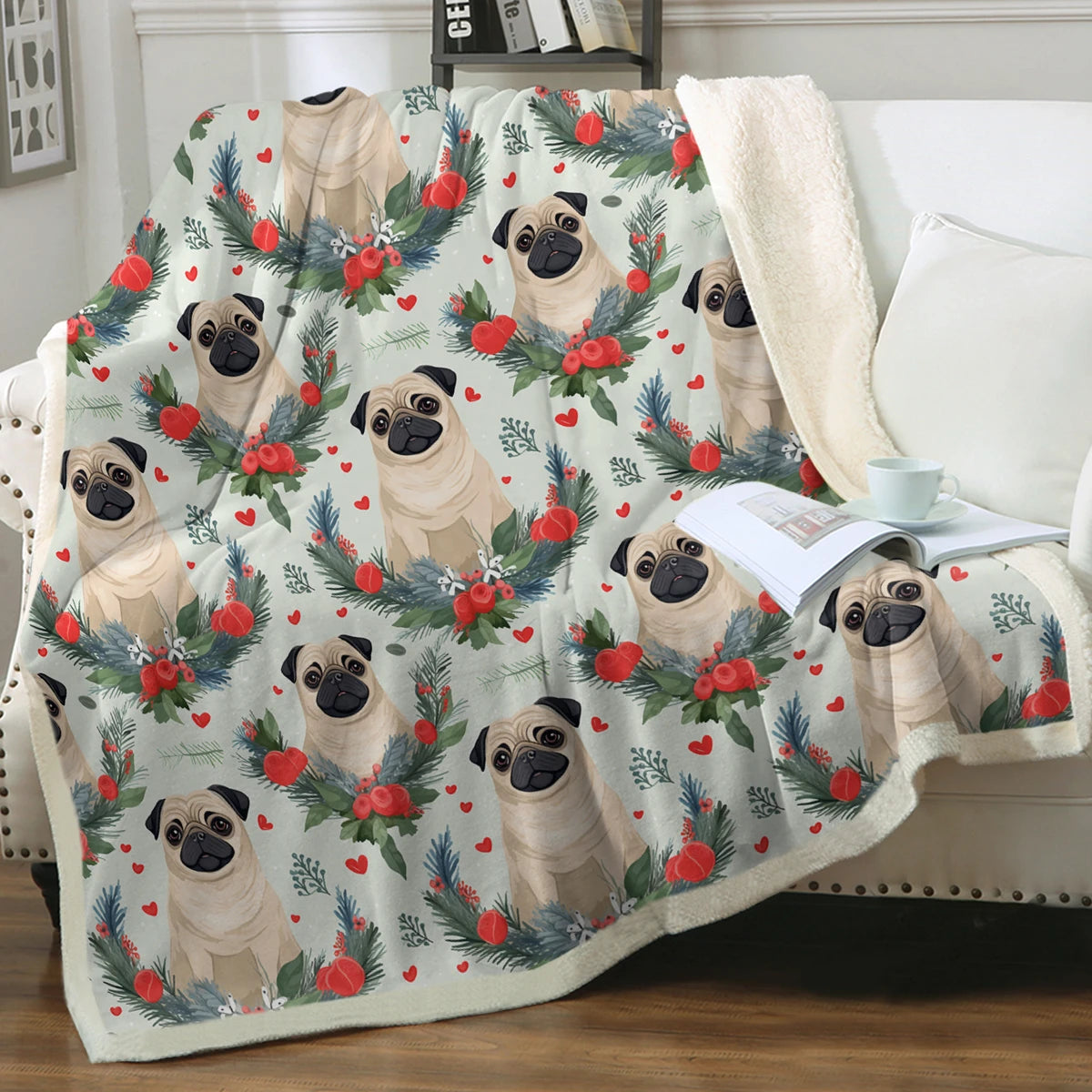Pug Winter Floral Festivity Christmas Blanket