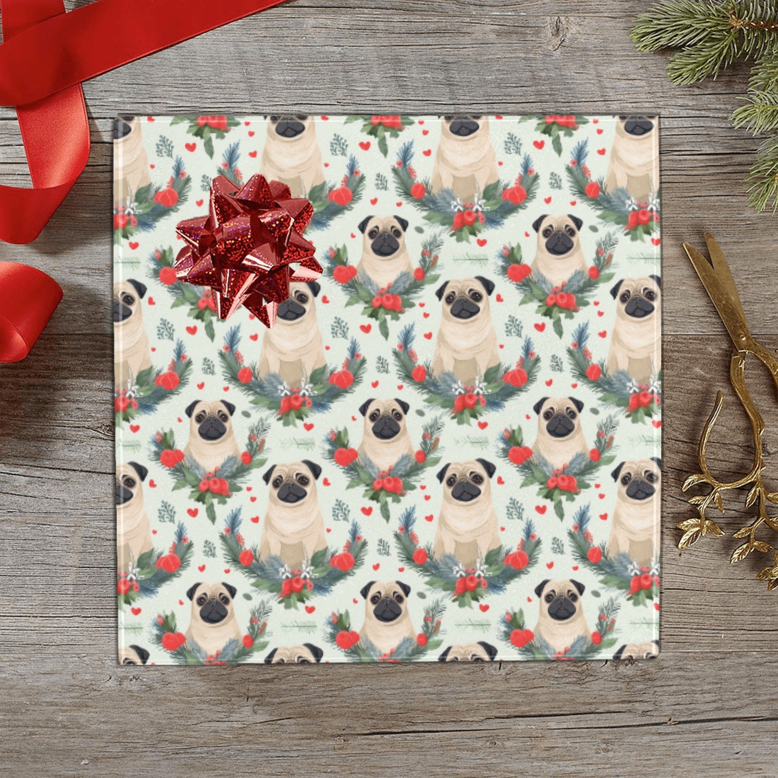 Pug Winter Floral Festivity Christmas Gift Wrapping Paper 2 Rolls