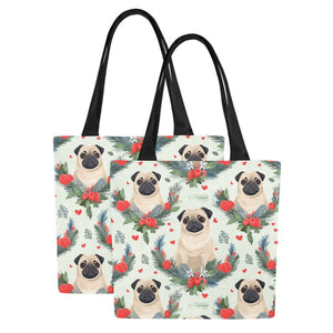 Pug Winter Floral Festivity Large Canvas Tote Bags - Set of 2-Accessories-Accessories, Bags, Christmas, Pug-11